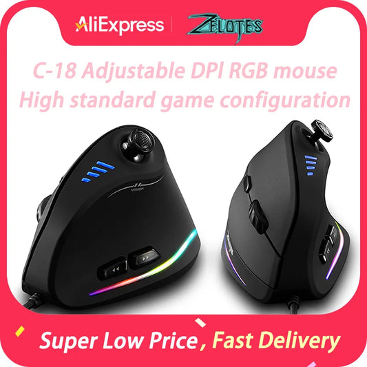 ZELOTES C-18 Vertical Gaming Mouse RGB Programmable Wired Optical Mouse with 11 Buttons, Ergonomic Vertical Gaming Mouse for PC Computer & Gaming
