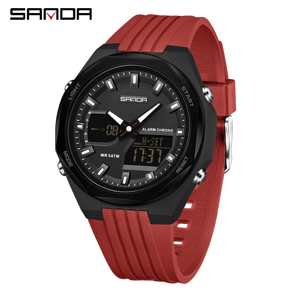 Fashion SANDA 6267 Men's Electronic Watch Multifunctional Operation Night light waterproof Dual Display Student Electronic Watch