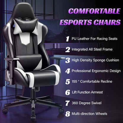 Gaming Chair, Ergonomic Game Chair, Multi-Level Adjustable, Swivel Home Office Chair, Black & White