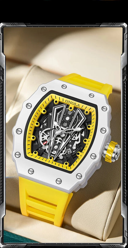 Gift Box Watches for Man ONOLA 3826W Trend White Men Watch Tonneau Calendar Waterproof Silicone Strap Relogios Masculino