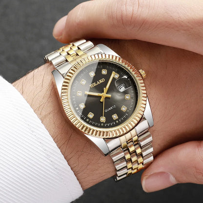 Luxury Men Business Watches Fashion Rhinestone Steel Calendar Quartz Watch Reloj Hombre Clock Gift（Without Box）
