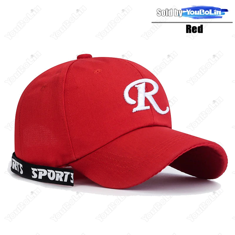 R-Buchstabe, Bandstickerei, Baumwolle, verstellbar, Baseballkappe mit festem Schirm, Sonnenhut, Trucker-Caps, Hip-Hop-Caps
