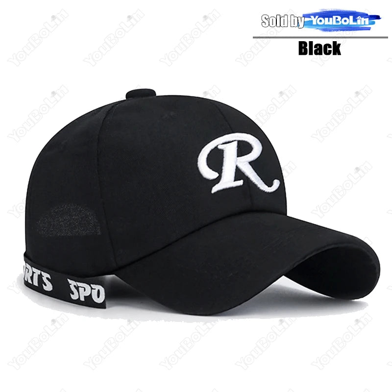 R-Buchstabe, Bandstickerei, Baumwolle, verstellbar, Baseballkappe mit festem Schirm, Sonnenhut, Trucker-Caps, Hip-Hop-Caps