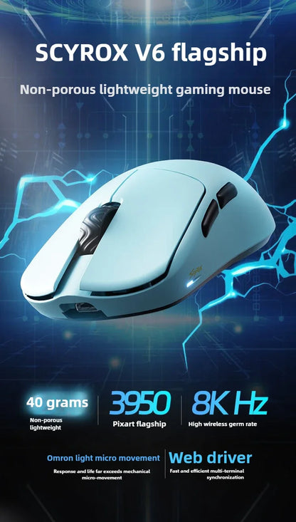 SCYROX V6 nieporowata bezprzewodowa mysz e-sportowa 40g 750IPS z odbiornikiem 8k, szybka reakcja, 3950, wysoka jakość, 8KHz, mysz gamingowa