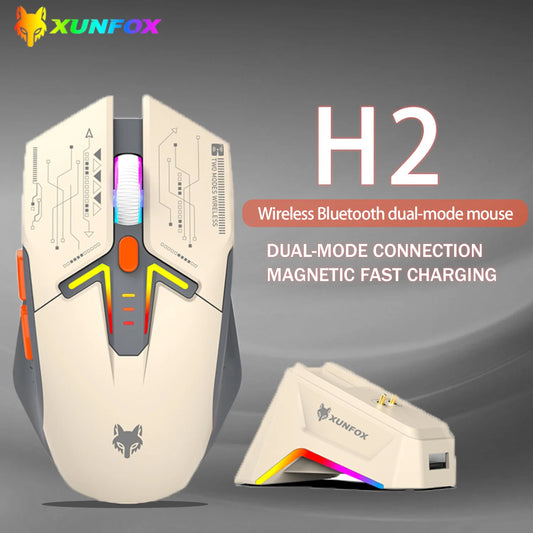 XUNSVFOX H2 Wireless Bluetooth Dual-Mode Mouse, RGB Rechargeable Gaming Mouse for Laptop, Office & PC, 3200 DPI Bluetooth Wireless Mouse