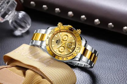 Automatic Mens Watch Self Wind Mechanical Gold Stainless Steel Glacier Ice Blue Dial Chestnut Brown Bezel Luminous Men Watches