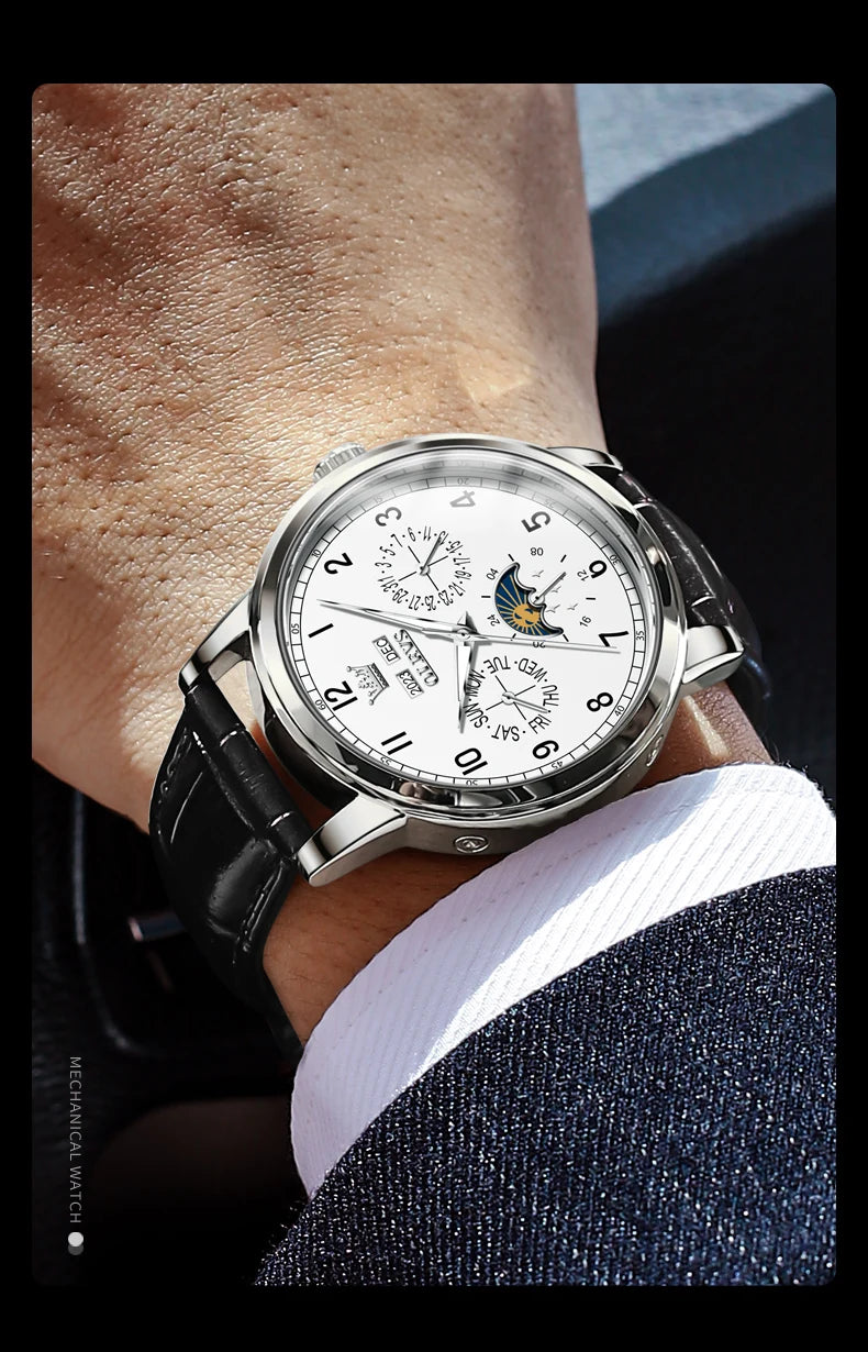 OLEVS 6698 Mens Watch Luxury Dress Brand Moon Phase Automatic Mechanical Watch For Men Leather  Waterproof Dual Calendar Watch