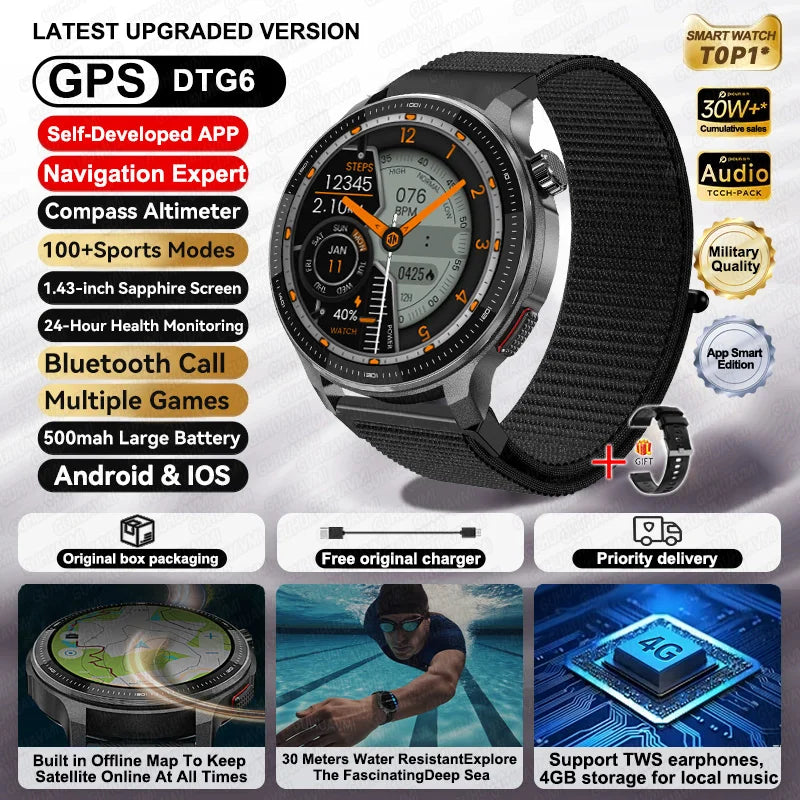 New 4GB Storage Smart Watch GPS Offline Map Local Music Video 200+Custom Dial Swim Outdoor Sport Explosion-proof Military Watchs