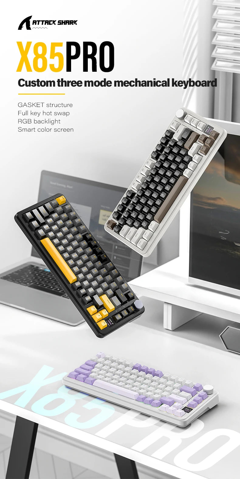 ATTACK SHARK X85/X85Pro Wireless Mechanical Keyboard 75% 82 Keys Tri-Mode Bluetooth Wired RGB Hot Swap Gasket Knob Large battery