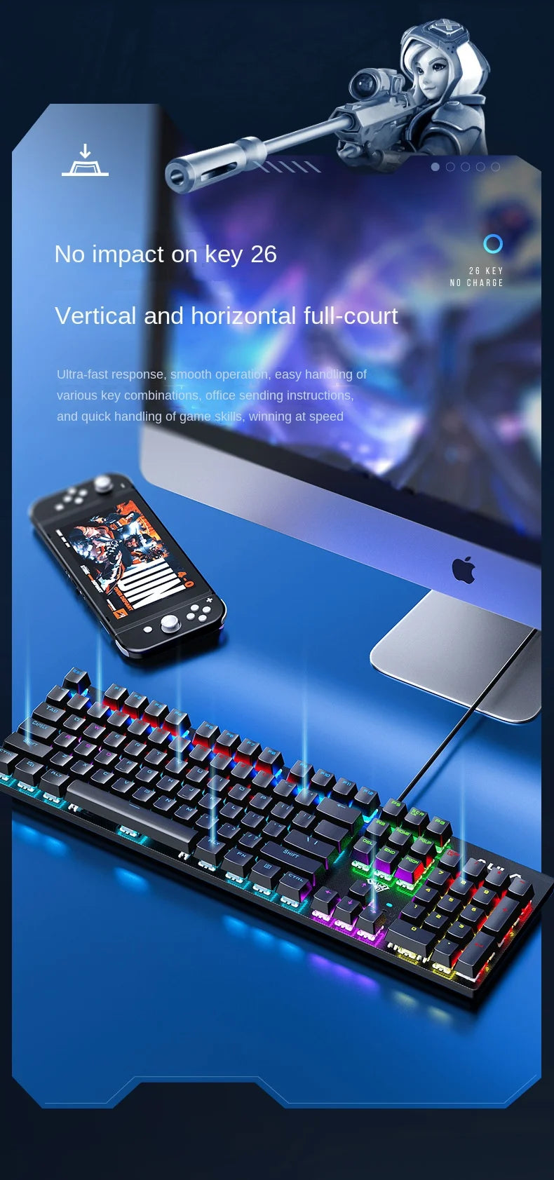 Wired Mechanical keyboard Gamer USB Keyboards gaming Backlit Musical 100% Computer 104 keys keyborad Ergonomic Pc key board