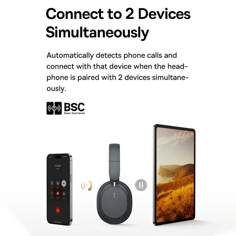 Baseus Bowie D05 Wireless Bluetooth 5.3 Headphones – HiFi Stereo Foldable 70H Battery Over-Ear Headset with Deep Bass & Dual Connection