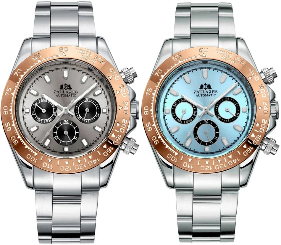Automatic Mens Watch Self Wind Mechanical Gold Stainless Steel Glacier Ice Blue Dial Chestnut Brown Bezel Luminous Men Watches