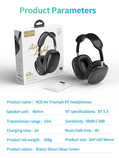 HOCO W35 Air Wireless Bluetooth 5.3 Over-Ear Headphones – Deep Bass Stereo Gaming Headset with Microphone, TF Card & AUX Mode, Waterproof Sports Headphones