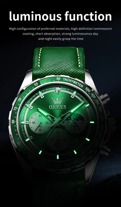OLEVS Men's Watches Fashion Sports Green Watch For Men Multifunctional Quartz Wristwatches Men Waterproof Leather reloj hombre