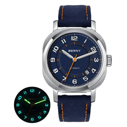 BERNY Mechanical Watch For Women Self-wind Pillow Cushion Sapphire Super Luminous Wristwatch Canvas Calendar Watch For Ladies