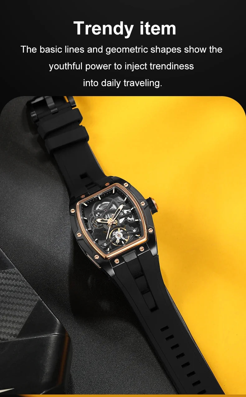 MEGIR Automatic Wristwatch Men Fashion Black Silicone Strap Wateproof Luminous Sport Mechanical Watch with Tonneau Dial 2242