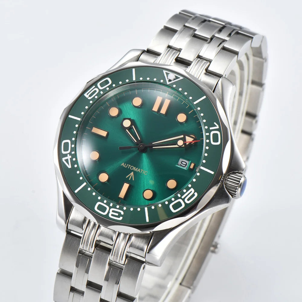 Parnsrpe Nouvelle montre de plongée automatique Miyota 8215 pour homme, sport de luxe, cadran vert, luminescent, verre saphir, date, étanche, bus