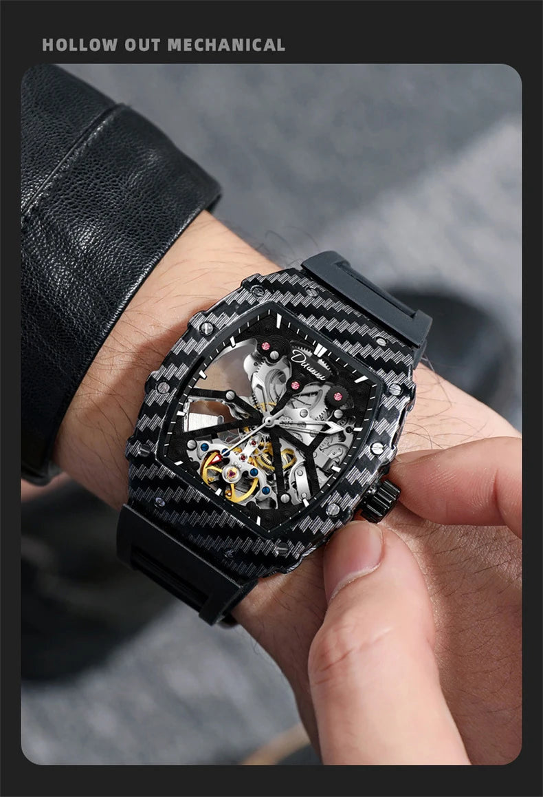 Mechanické hodinky s tourbillonem pro muže, silikonový řemínek, skeletové, tvaru tonneau, automatické, luxusní pánské hodinky Reloj Hombre