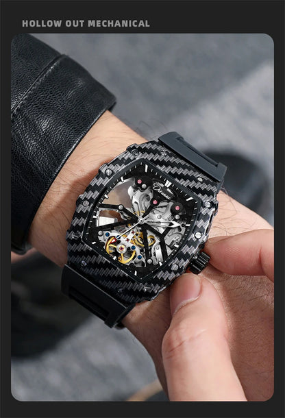Mechanické hodinky s tourbillonem pro muže, silikonový řemínek, skeletové, tvaru tonneau, automatické, luxusní pánské hodinky Reloj Hombre