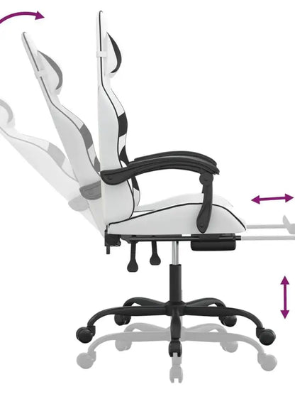 Gaming Chair with Footrest White and Black 57.5X59.5X121-131 cm in Imitation Leather, 360 Swivel Reclining Seat ° Can Carry 110 kg
