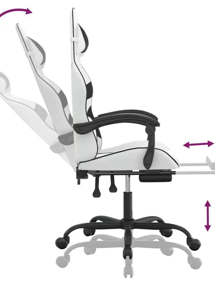 Gaming Chair with Footrest White and Black 57.5X59.5X121-131 cm in Imitation Leather, 360 Swivel Reclining Seat ° Can Carry 110 kg