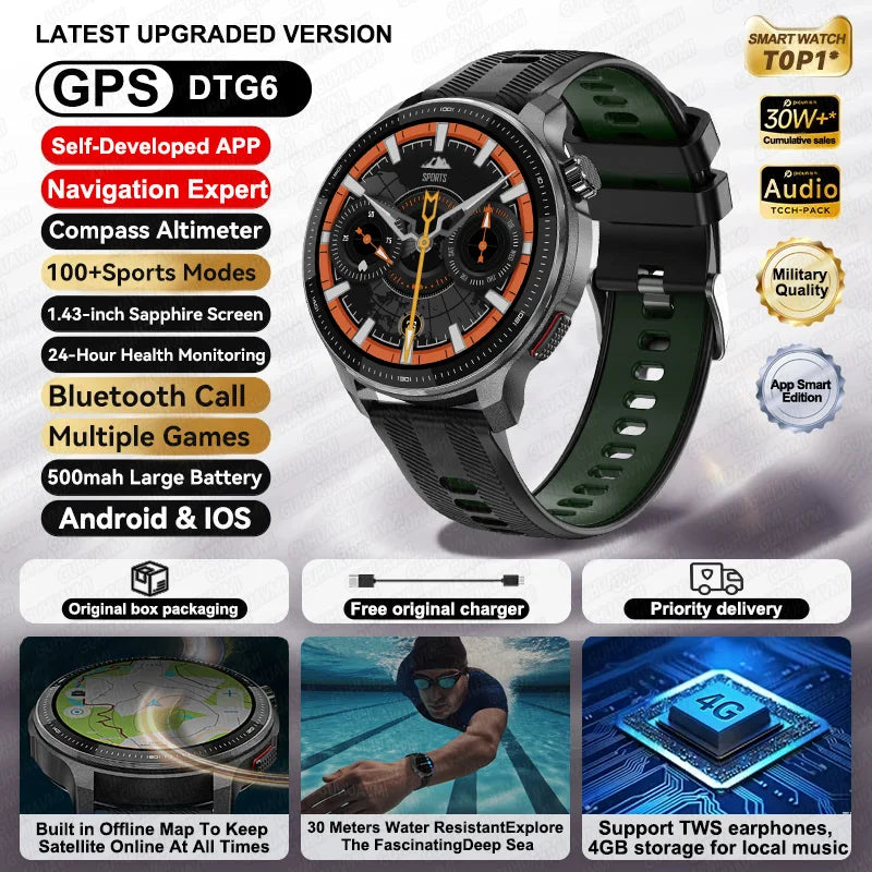 New 4GB Storage Smart Watch GPS Offline Map Local Music Video 200+Custom Dial Swim Outdoor Sport Explosion-proof Military Watchs
