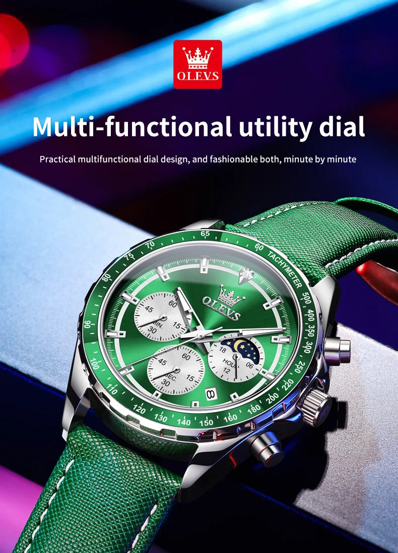 OLEVS Men's Watches Fashion Sports Green Watch For Men Multifunctional Quartz Wristwatches Men Waterproof Leather reloj hombre