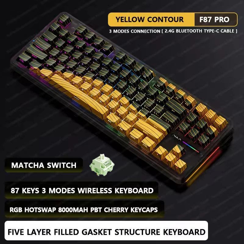 AULA F87Pro Mechanical Keyboard 2.4g/USB/Bluetooth Tri Mode Wireless 87 Key 5 Layer Silencing Filling Suitable For Gaming + Typing