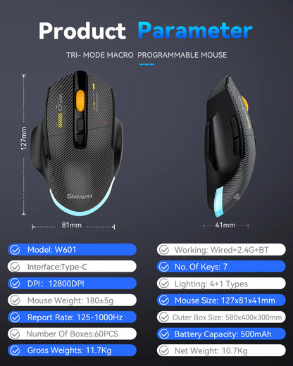 Langaton Bluetooth-pelihiiri, 12800 DPI:n langallinen/langaton RGB-hiiri 7 ohjelmoitavalla painikkeella, PC:lle, kannettavalle tietokoneelle ja pelaamiseen