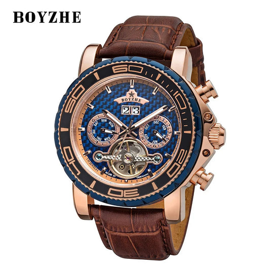 BOYZHE Brand Luxury Tourbillon Mechanical Watch Men Sports Leather Strap Waterproof Classic Date Week Automatic Sapphire Watches