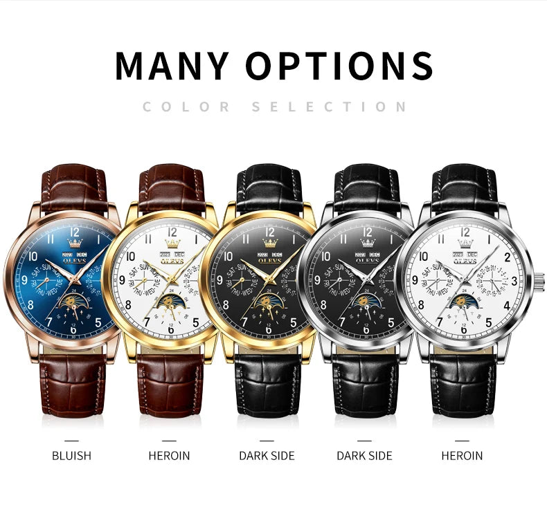 OLEVS 6698 Mens Watch Luxury Dress Brand Moon Phase Automatic Mechanical Watch For Men Leather  Waterproof Dual Calendar Watch