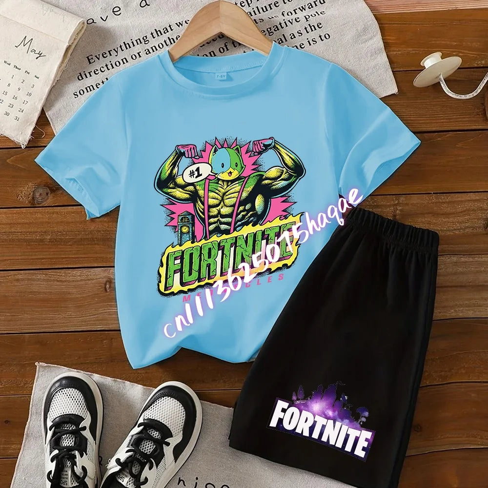 Σετ παιδικό Fortnite με T-shirt και σορτς, μπλουζάκι με εκτύπωση cartoon φιγούρας, καλοκαιρινό casual αθλητικό ένδυμα για αγόρια