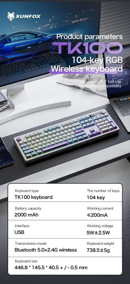 Xunfox TK100 Bluetooth Wireless Dual-Mode Keyboard Desktop Laptop Office E-Sports Gaming RGB Light Effect Charging Robot Feel