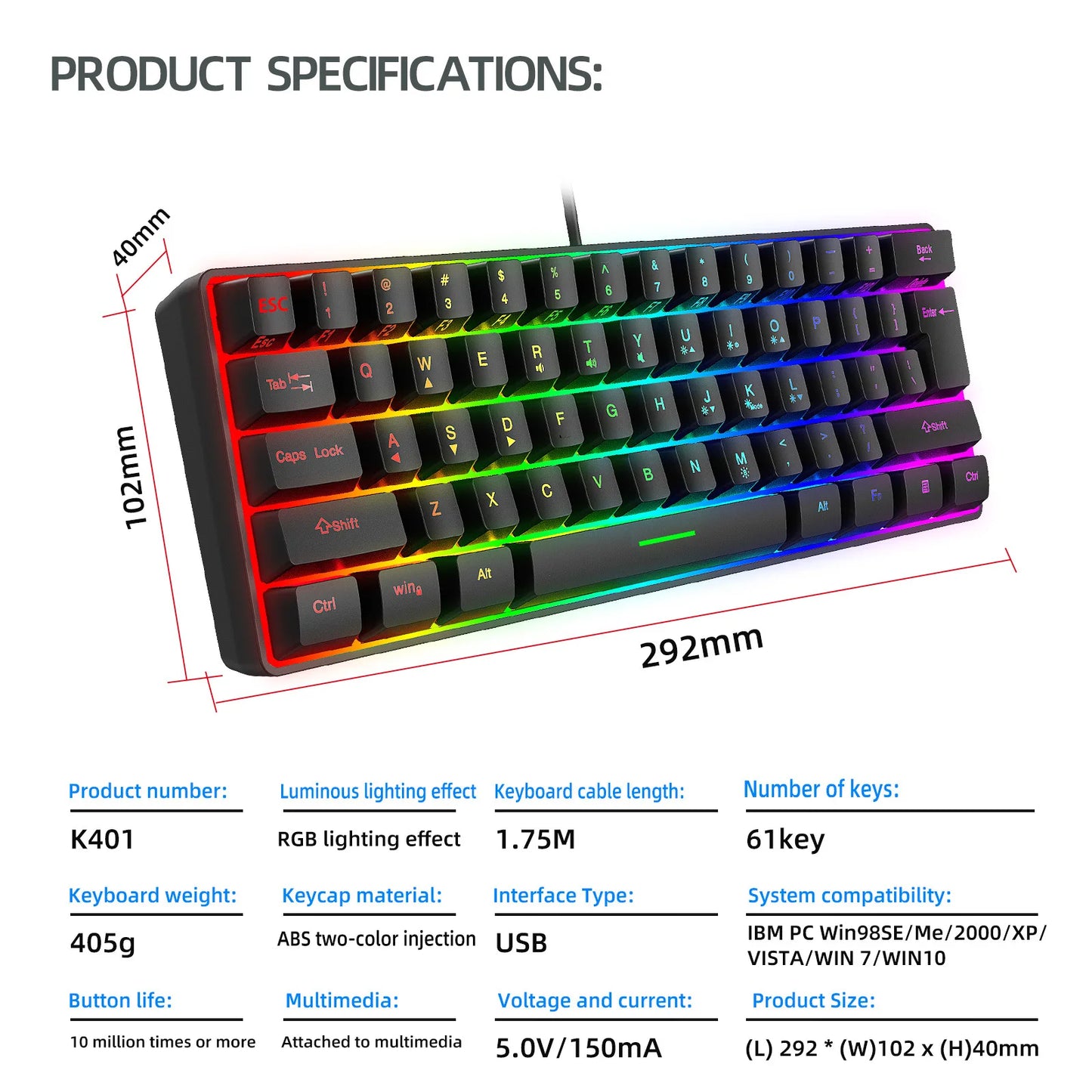 Russian Keyboard English RGB Lighting 61 Keys 60% Layout Gaming Keyboard ISO USB Wired Full Key No Impact K401 For Game Office