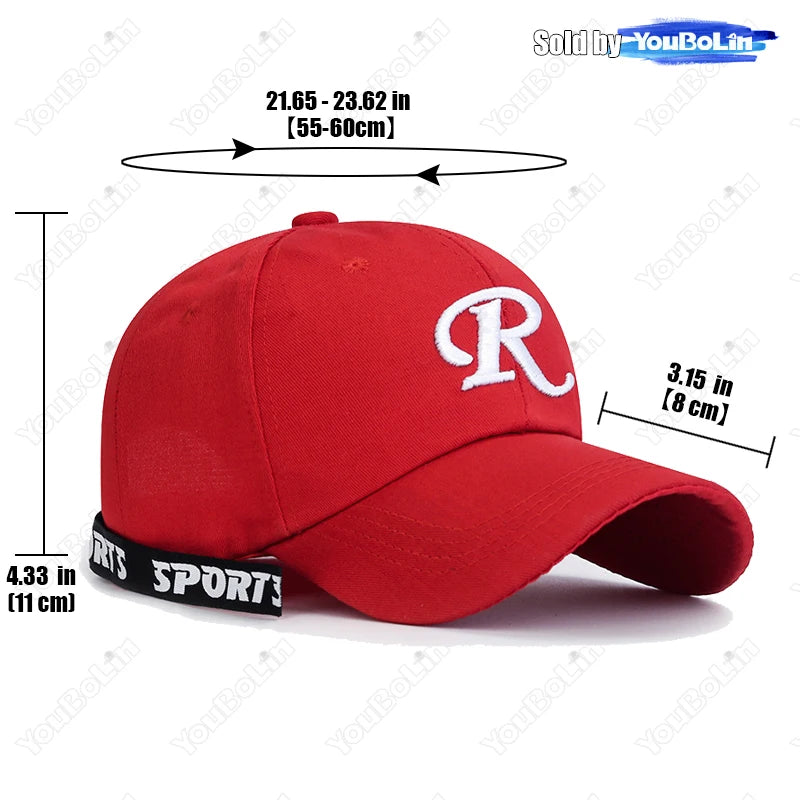 R-Buchstabe, Bandstickerei, Baumwolle, verstellbar, Baseballkappe mit festem Schirm, Sonnenhut, Trucker-Caps, Hip-Hop-Caps
