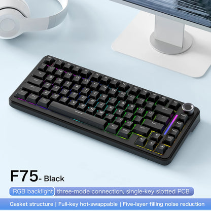 F75 Mechanical Keyboard FREEWOLF 81 Keys Layout Metal Knobs PBT Keycaps, Fully Hot-swappable Keys RGB Multi-color Backlighting