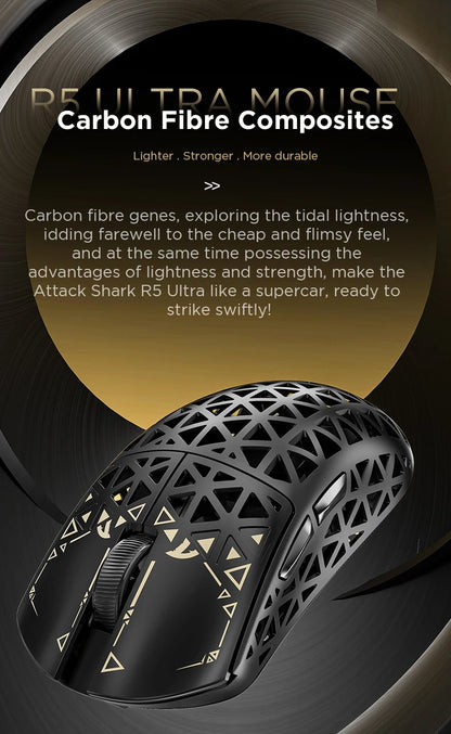 Rato Gaming Sem Fios ATTACK SHARK R5 Ultra Carbon Fiber, Sensor Gaming PixArt PAW3950MAX, 42000DPI, 8000Hz, MCU Nordic 52840