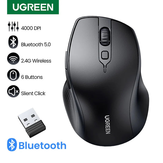UGREEN Wireless Mouse Bluetooth 5.0 Ergonomic Mouse, 4000 DPI Silent Wireless Mouse with 2.4G USB Receiver, 6 Buttons for MacBook, Laptop, PC & Tablet