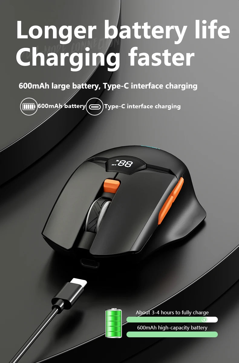 Warvank SX01 trådløs gamingmus med smart skærm, 6-trins DPI-justering, 600mAh genopladelig, lydløs kontor-Bluetooth-mus