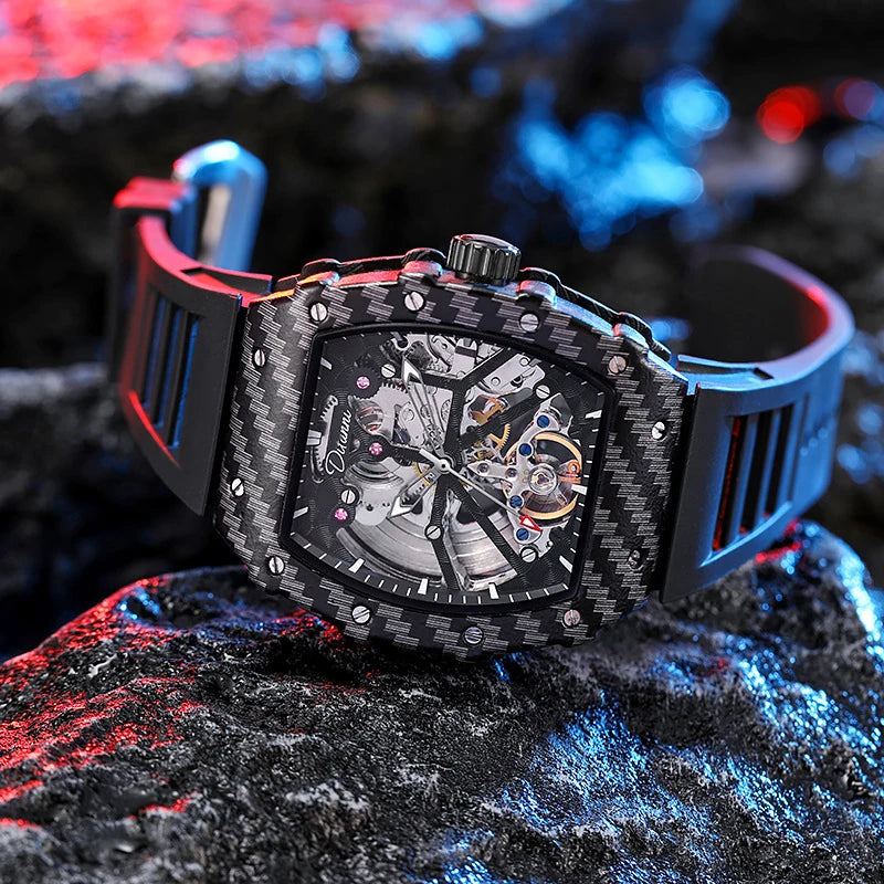 Mechanické hodinky s tourbillonem pro muže, silikonový řemínek, skeletové, tvaru tonneau, automatické, luxusní pánské hodinky Reloj Hombre