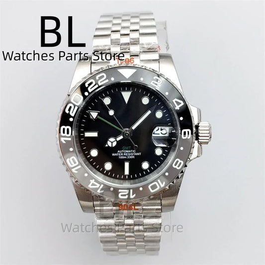 BLIGER 40mm NH34 GMT Watch For Men With Black Gray Ceramic Bezel Sapphire Glass Green Gmt Hands Green GMT Text Jubilee Bracelet