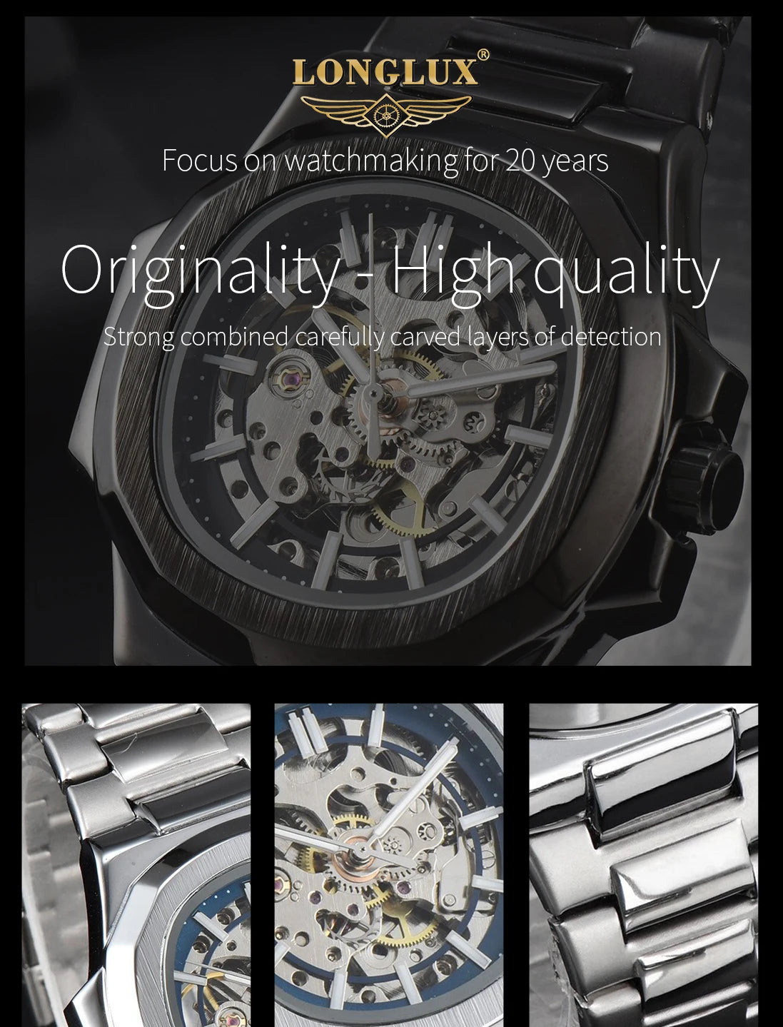 LONGLUX HOT SALE automatic mechanical men watch wholesale no logo waterproof skeleton business  stainless steel gift watch