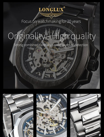 LONGLUX HOT SALE automatic mechanical men watch wholesale no logo waterproof skeleton business  stainless steel gift watch