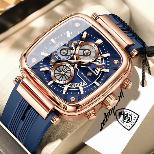 POEDAGAR Square Sport Man Wristwatch Date Waterproof Luminous Chronograph Watch For Men Silicone Strap Men's Quartz Watches Male