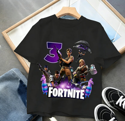 Fortnite Kinder-Geburtstagszahl-T-Shirt für Mädchen und Jungen, Sommerkleidung, Baby-T-Shirt aus Baumwolle, kurzärmliges Party-Oberteil, Geschenk für Kleinkinder