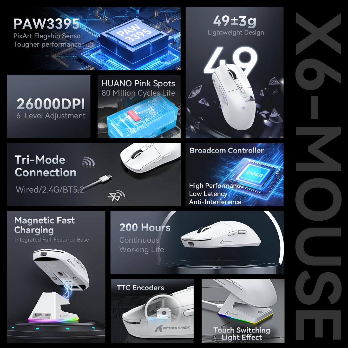 X6 Attack Shark Mouse RGB Touch Magnetic Charging Base Tri-Mode Connection Macro Pro Gaming Mouse