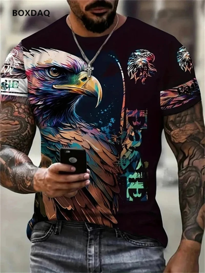 Luźny męski T-shirt Fashion Eagle z okrągłym dekoltem, casualowy top z krótkim rękawem, uliczny T-shirt z nadrukiem 3D zwierzęcia, rozmiar do 6XL, oddychająca koszulka