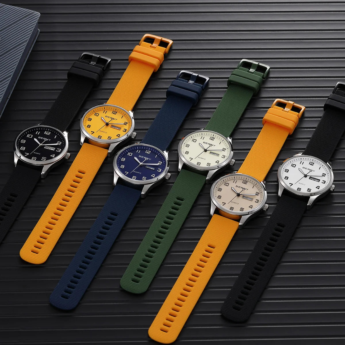 BERNY Men's Watches Luminous Calendar Week Quartz Men Watch Casual Soft Silicone Strap Easy Read Big Dial Sports Wristwatch