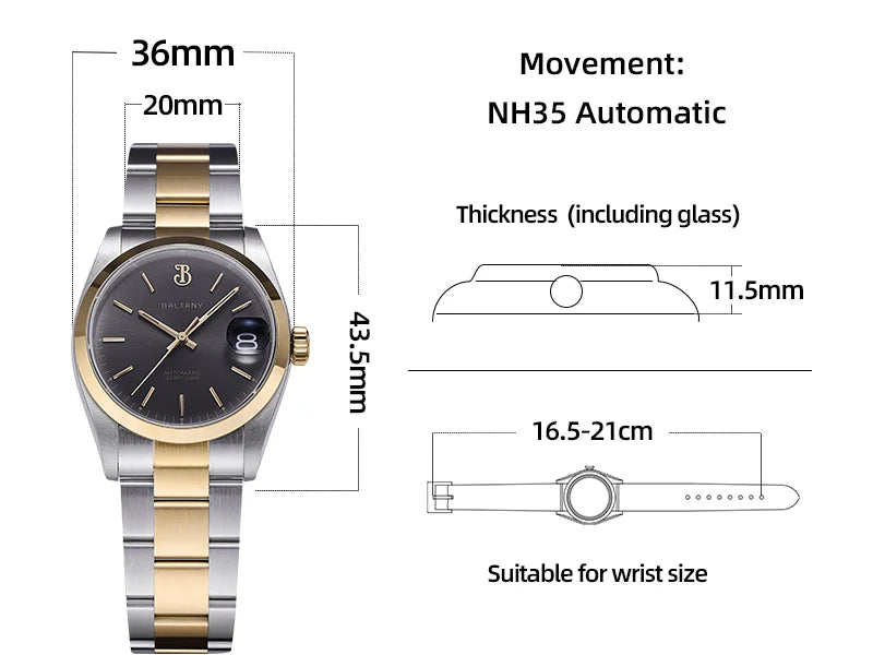 Baltany Men Automatic Watch 36MM Mechaical Wristwatch Bubble Sapphire 10ATM Waterproof C3 Luminous NH35