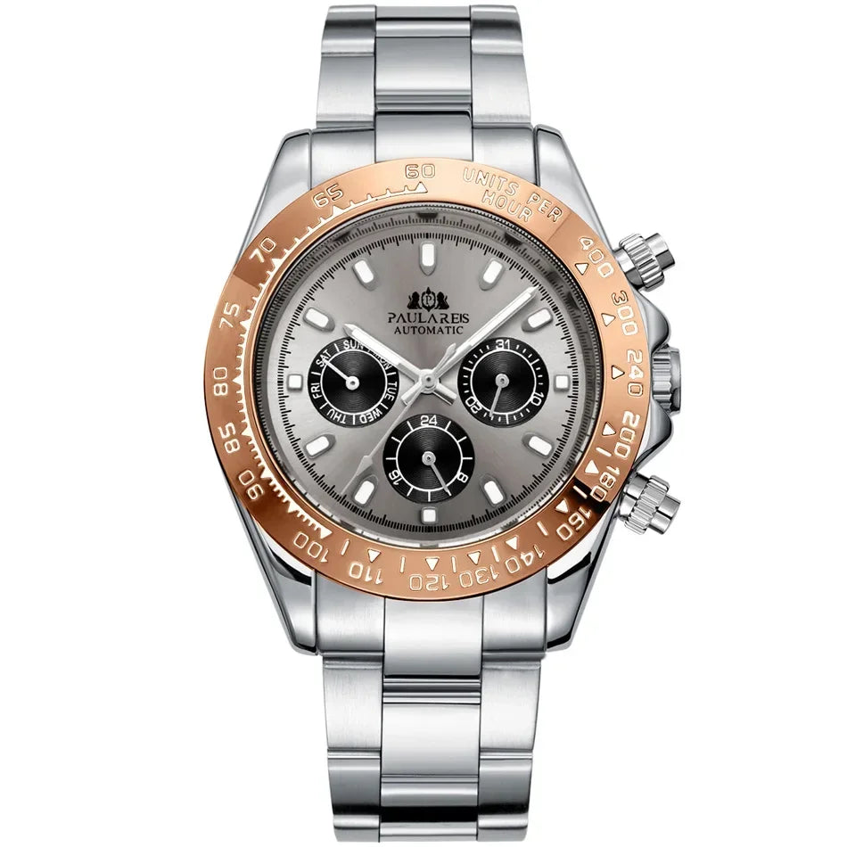 Automatic Mens Watch Self Wind Mechanical Gold Stainless Steel Glacier Ice Blue Dial Chestnut Brown Bezel Luminous Men Watches